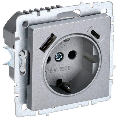 Розетка с заземлением +2xUSB тип A+C без рамки IEK Brite РЮш11-1-БрА 1-м. алюминий картинка